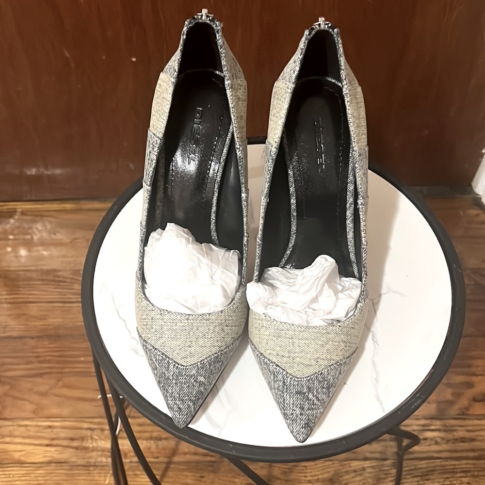 Diesel two tone blue Jean fabric stiletto pumps size 9